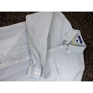 Alan Flusser Shirt‎ Mens L Green Blue Gingham Oxford Button Down Long Sleeve